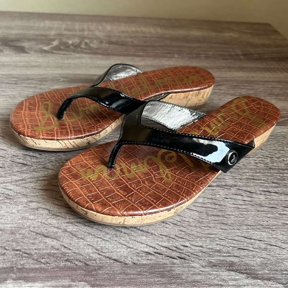 Sam Edelman Black Patent Thong Cork Sandals, Size 6.5